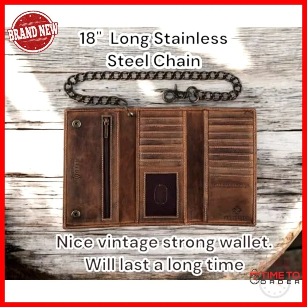 RFID Blocking Leather Wallet with Stainless Steel Chain for Men